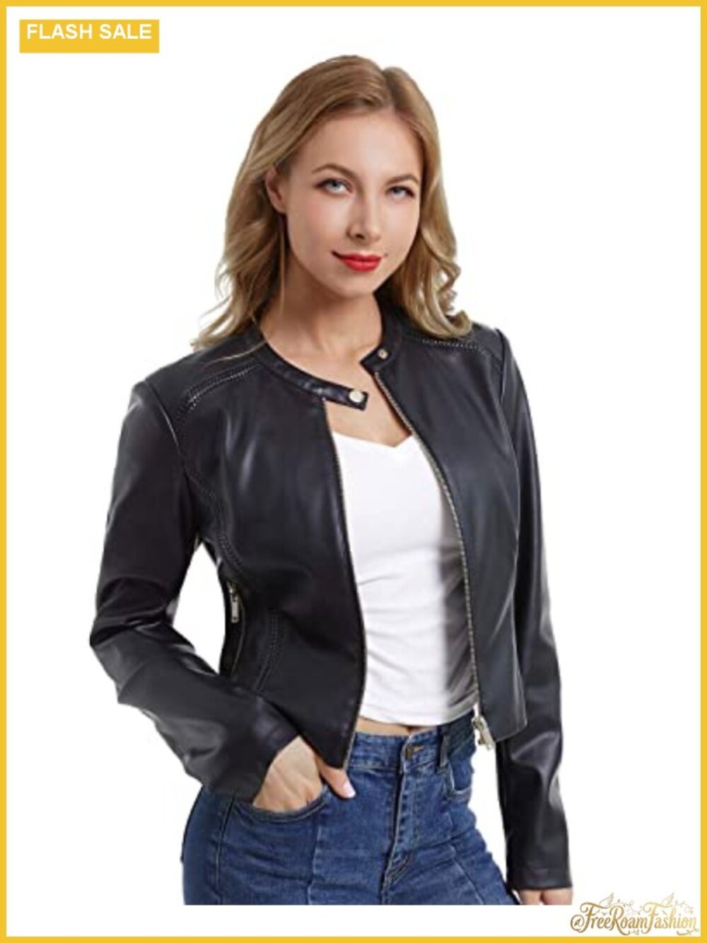 Faux Leather Moto Biker Jacket Cropped Slim Fit Long Sleeve Zip Close